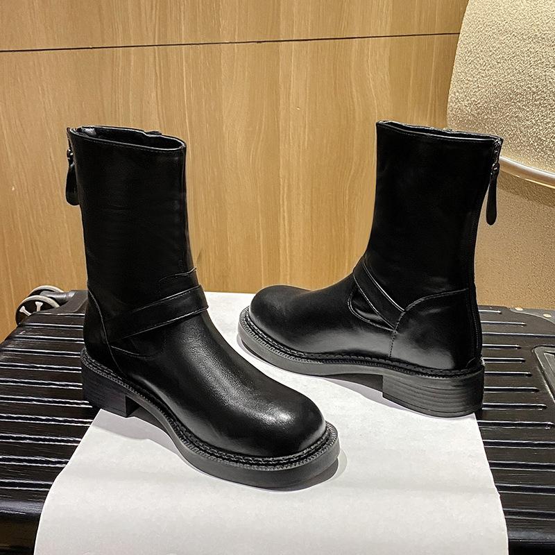 Cowhide~ Cowhide Fashion Boots Knight Short Boots Women's Autumn and Winter New Retro Mid-tube Western Cowboy Boots Martin Boots