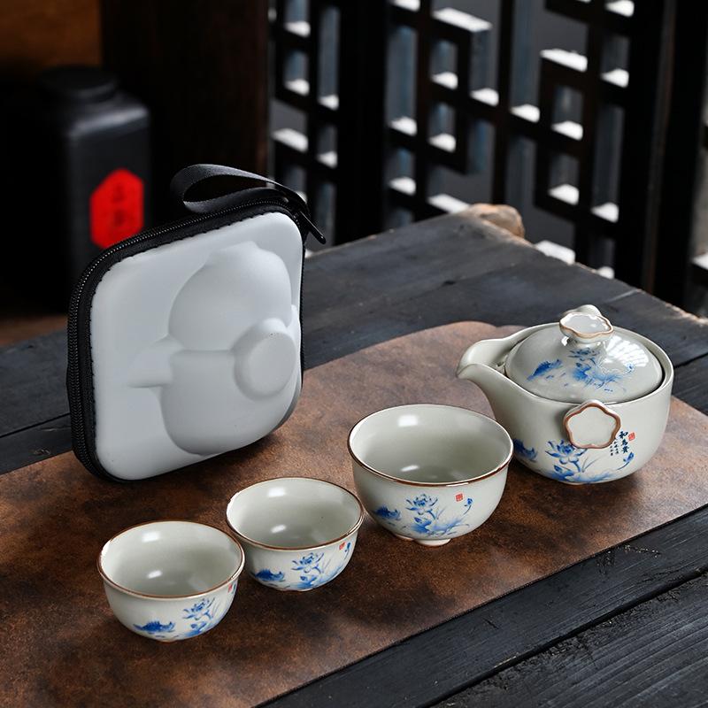 Brewing Teapot Open Travel Tea Set Portable Ceramic Express Cup One Pot Three Cups Outdoor Camping Ru Kiln Tea Cup