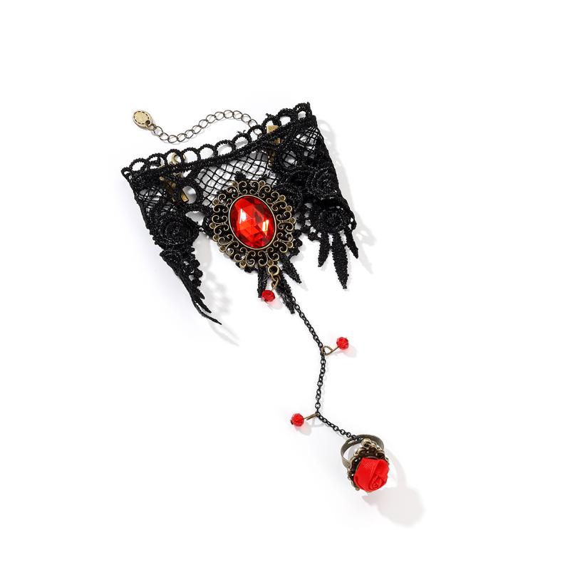 Nueva y elegante pulsera de encaje estilo gótico con rosa roja y anillo ajustable.
