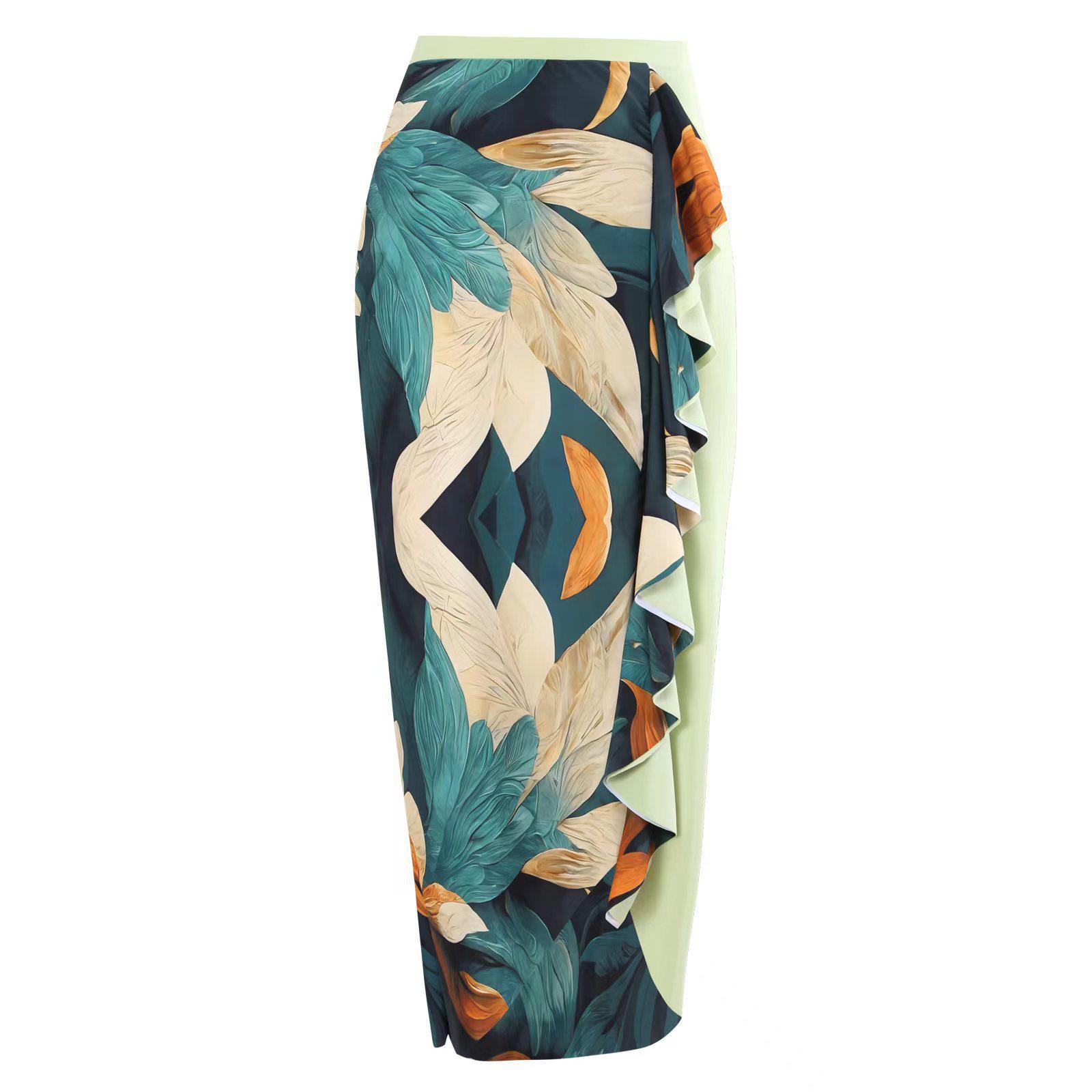 

2025 Thailand Retro Sun Protection Swimsuit Set: One-Piece, Long Skirt, Printed Design for Beach & Hot Springs One Size