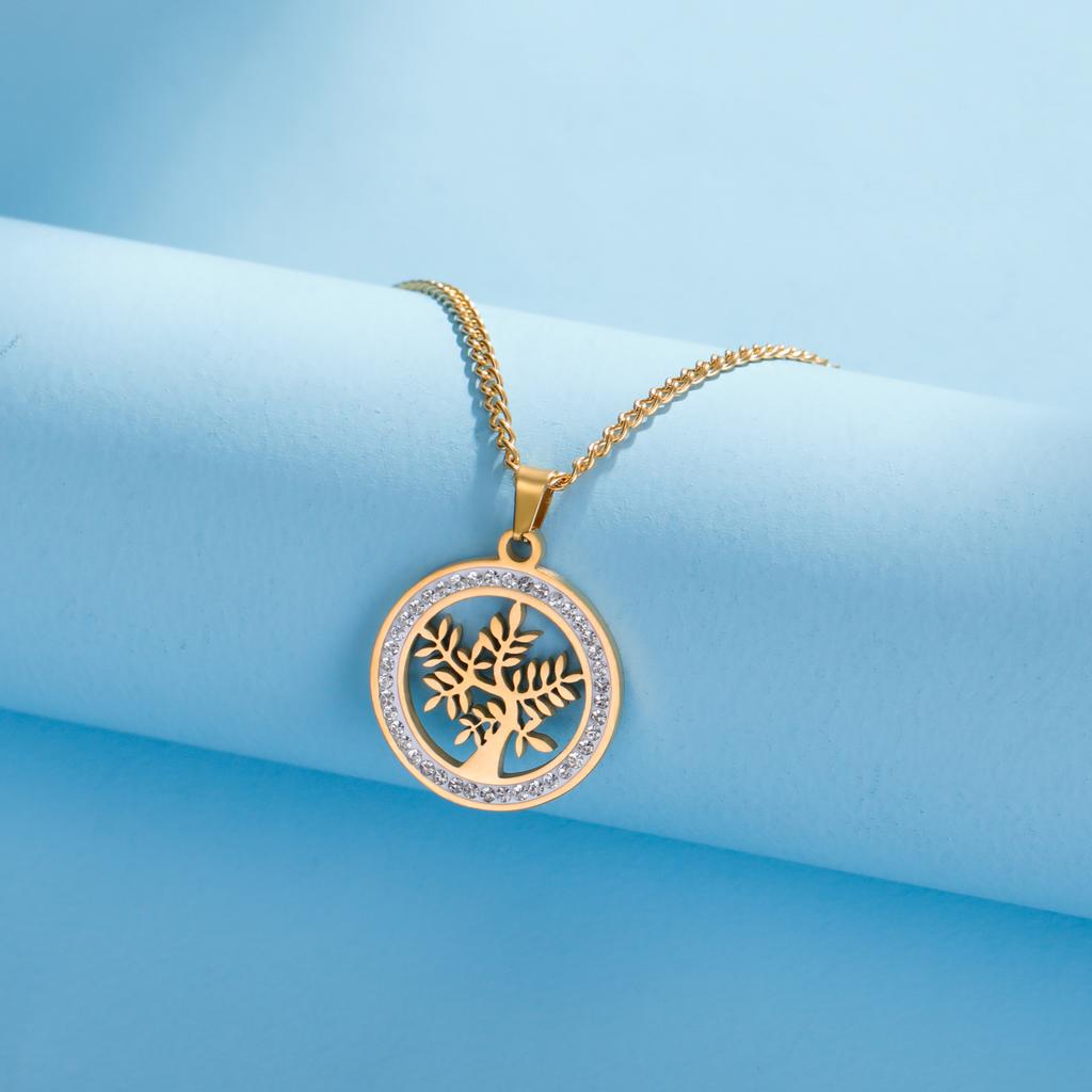 Tree of Life Clear Zircon Round Pendant Necklace Women Stainless Steel Gold Color Neck Chains Luxury Jewelry Wedding Gift