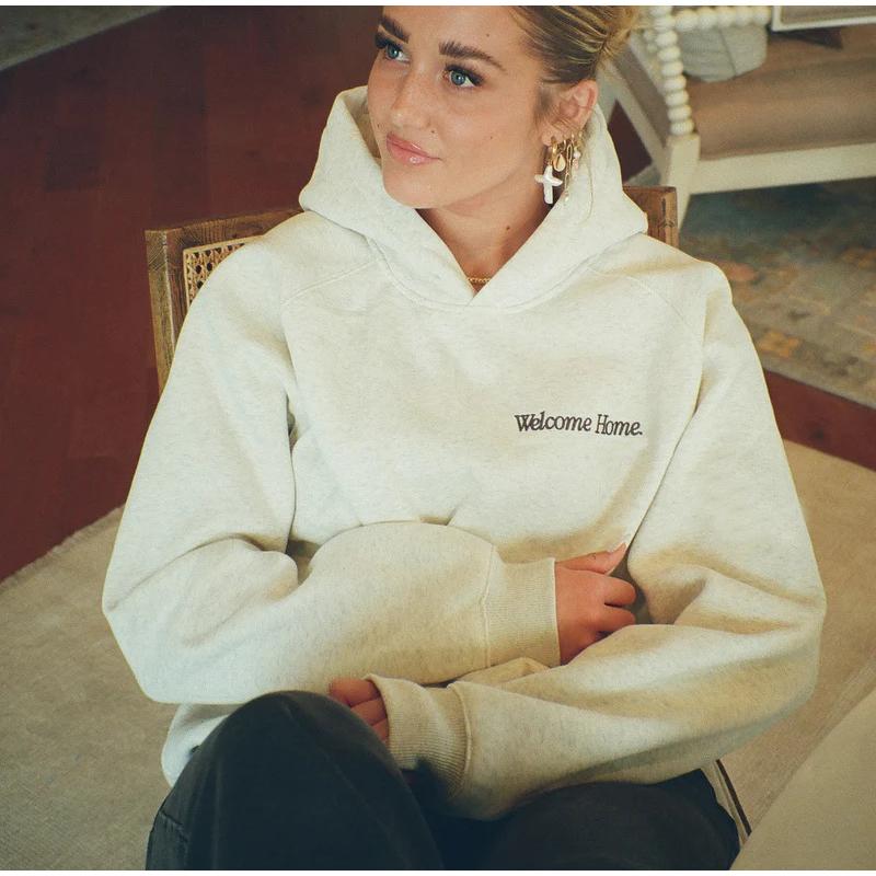 Kvinner Tykk Langermet Høst og Vinter O-Hals Hettegenser Vintage Blomsterprint Mote Løse Sweatshirts med Lomme