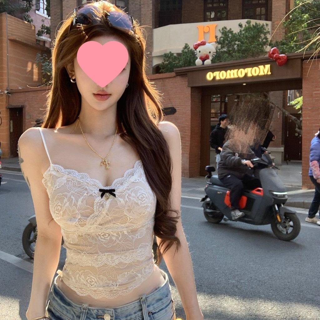 With chest pads, pure desire Spice Girl low-cut U-neck sling vest women's bottoming shirt with lace bow inside