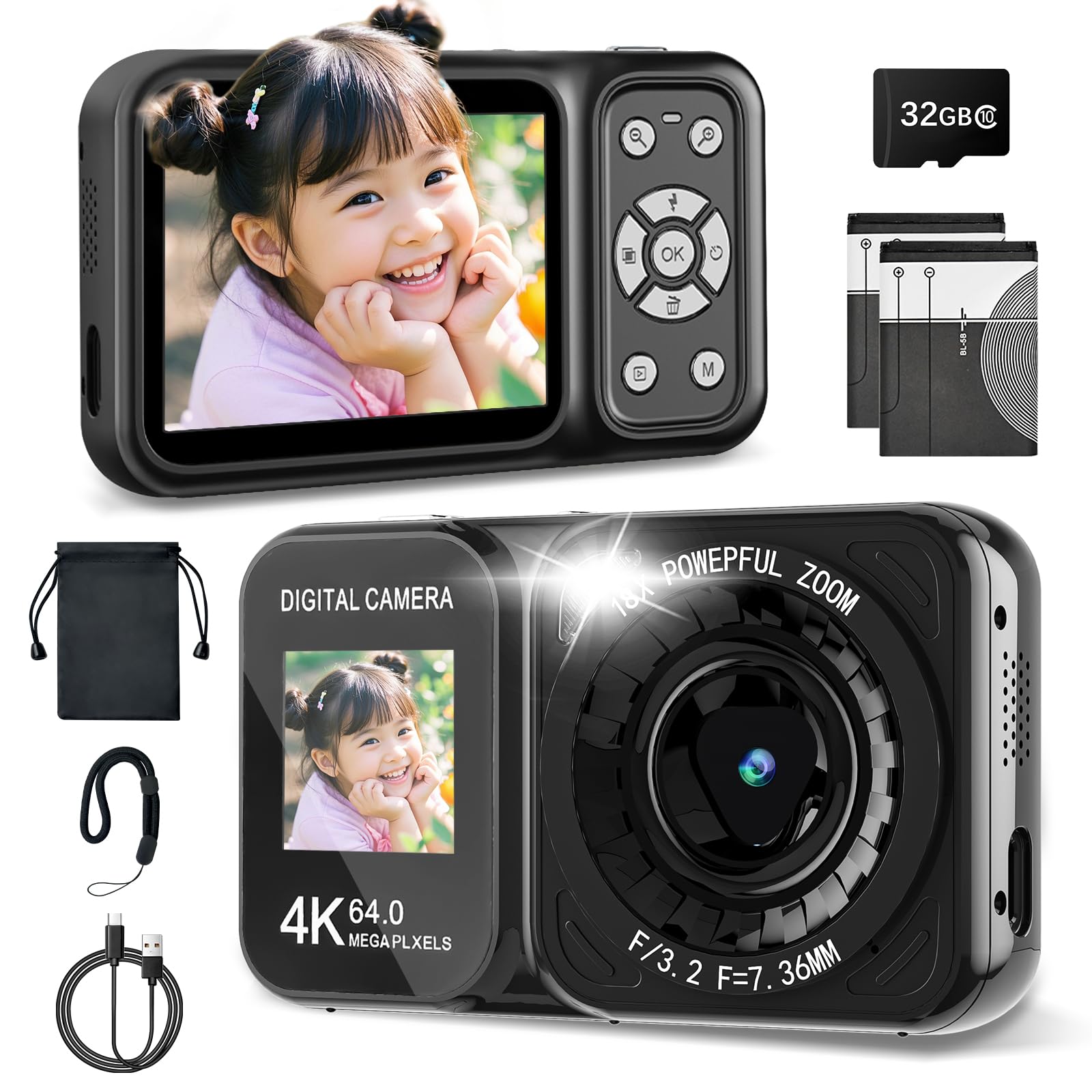 

[Річна гарантія] UNEEDIT Цифрова камера з двома екранами, 4K 64 МП, 30 кадрів/сек, карта 32 ГБ у комплекті, 18-кратний цифровий зум, стабілізація зображення, легка,