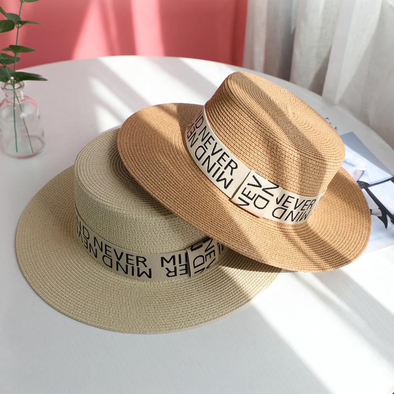 Sun hat children summer travel beach hat seaside sun hat straw hat flat top British small fresh top hat