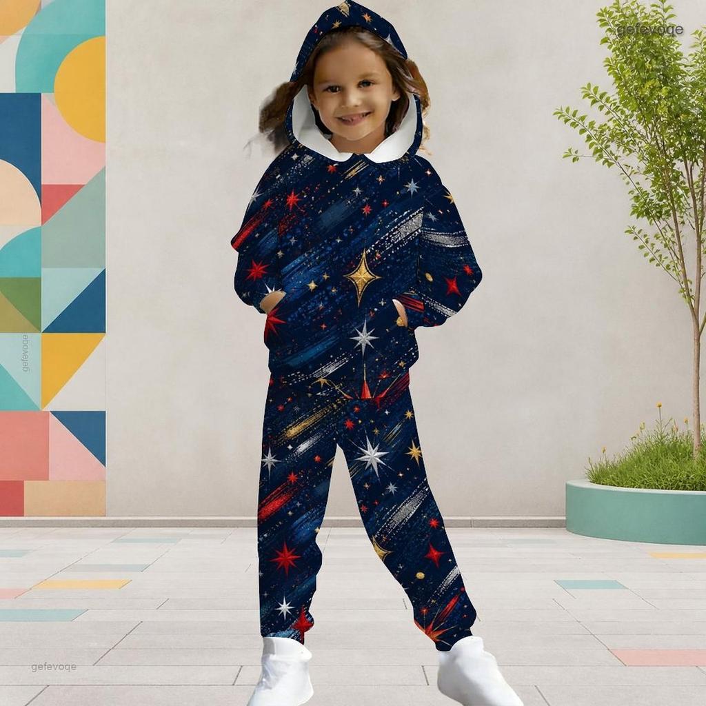 Girls White Printed Hooded Long Sleeve 2 Piece Outfit Kangaroo Pocket Cuffed Pants Set