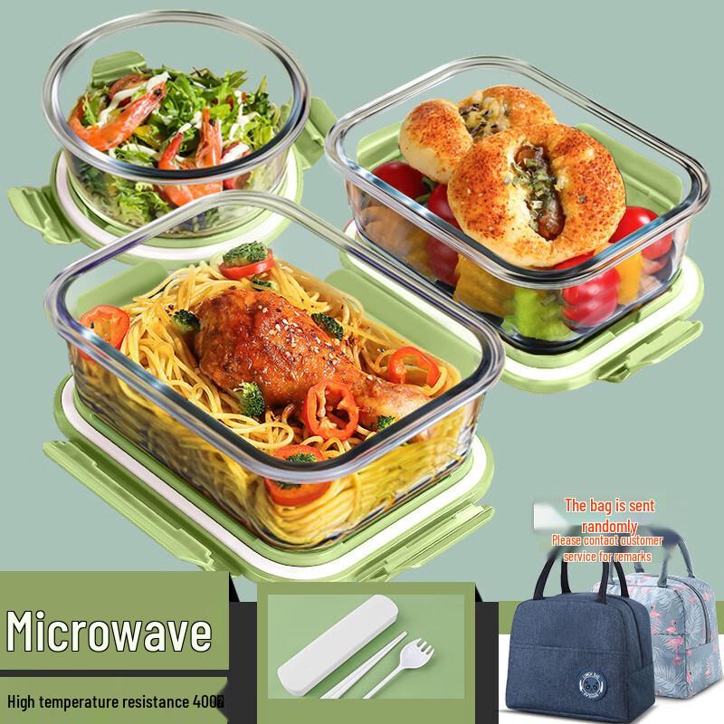 Jun XVII Nordic Green Glass Food Storage Container Set 1090ml Large Long, 720ml Long, 480ml Round