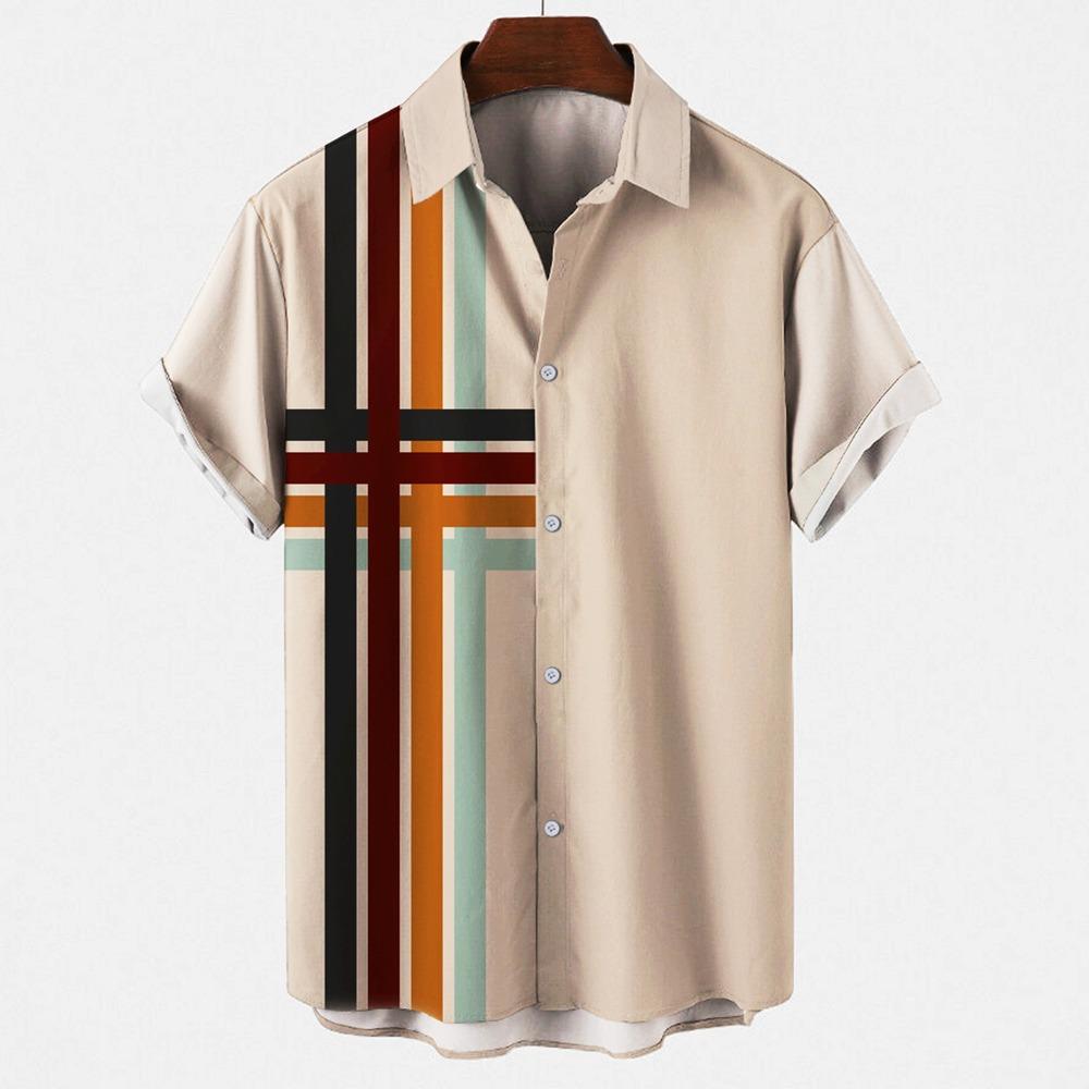 Men's Hawaiian Beach Short Sleeved Striped Shirt 3D Printed Loose Street Fun Men's Top Fashion Casual Simple Pocketless Shirt
