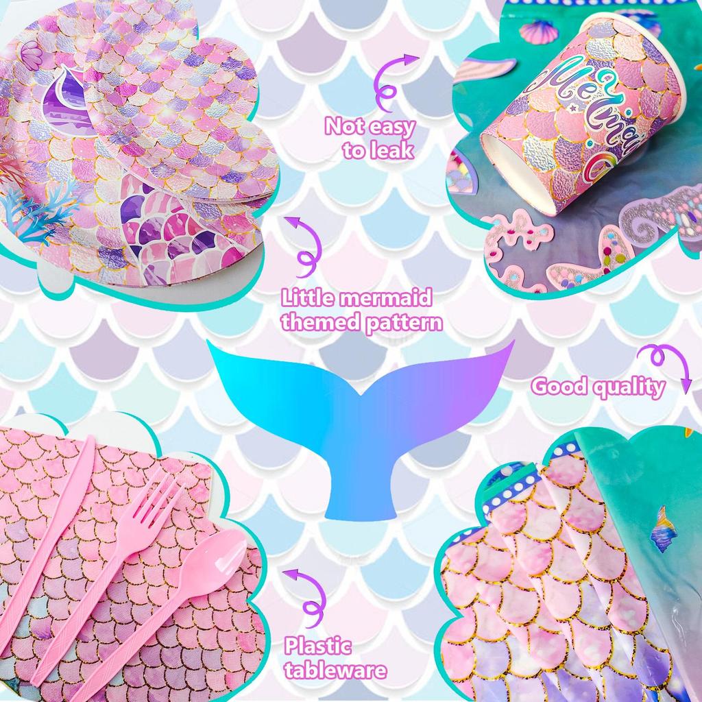 Mermaid Birthday Party Supplies Kit-132Pcs Mermaid Birthday Plates Tablecloth Balloons Etc Mermaid Birthday Decorations for Girls