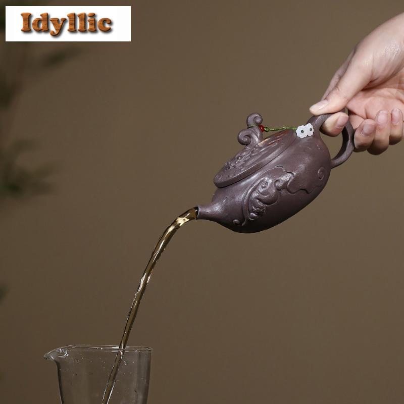 300ml Elegant Yixing Purple Clay Teapots Handmade Auspicious Beast Weekly Count Pot Raw Ore Azure Mud Kettle Zisha Tea Set Craft