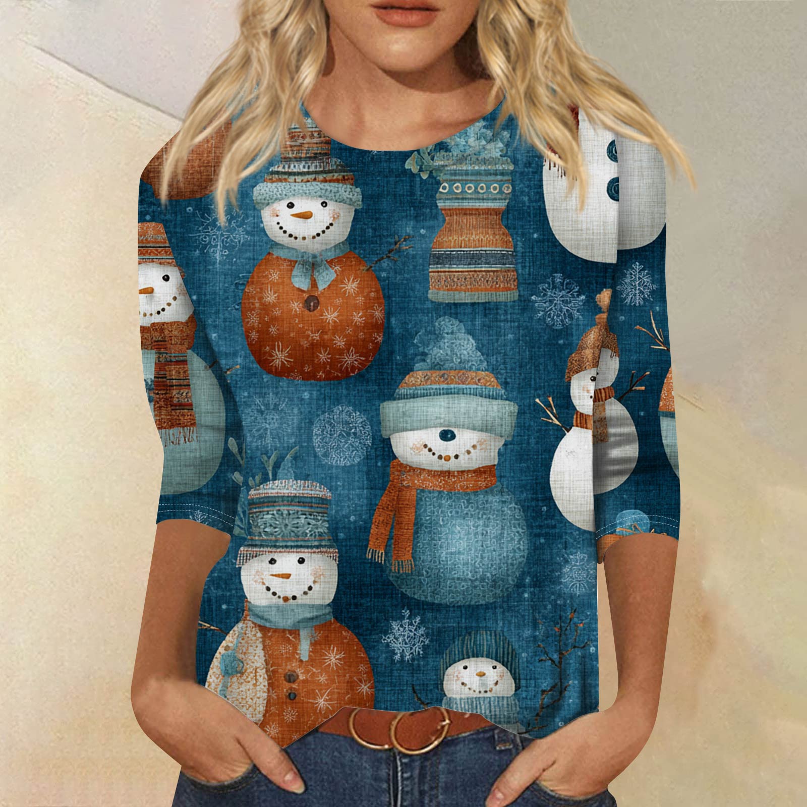 

Women s Fashionable Casual Three-Quarter Sleeve Halloween Print Round Neck Top L синій