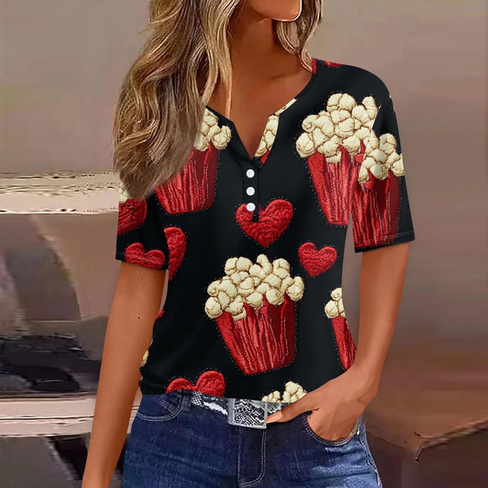 

Женская футболка с принтом ко Дню святого Валентина на пуговицах с коротким рукавом, туника, повседневная мода на выходные, базовый топ с V-образным вырезом L чёрный