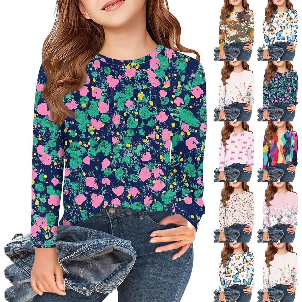 Dívčí trička s dlouhým rukávem Dětské podzimní topy Kulatý výstřih Potištěná základní trička 5-14L