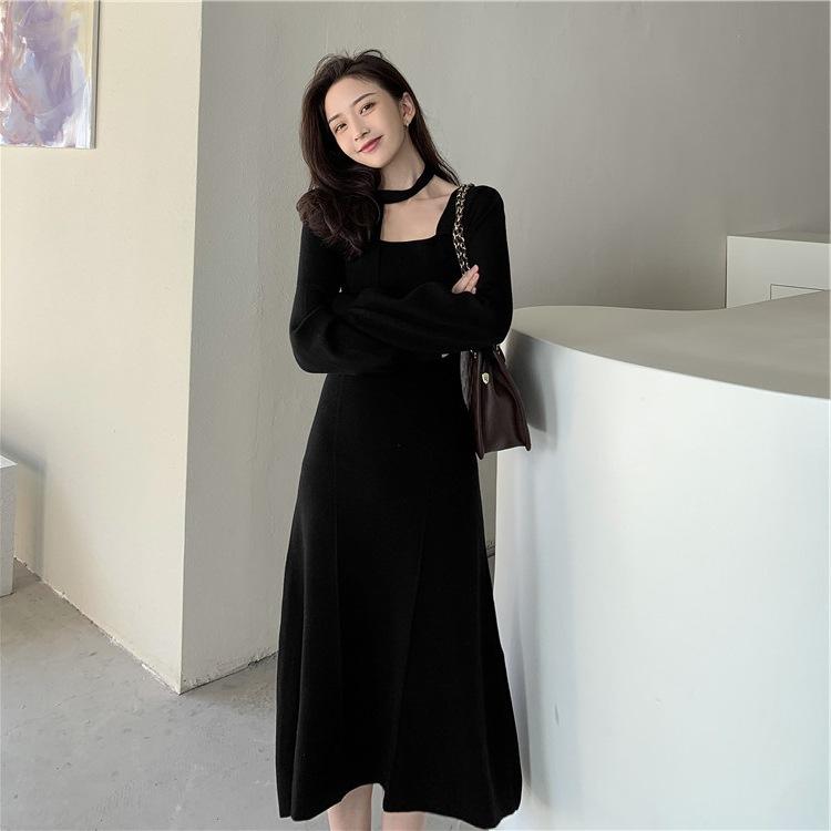 Knitted white dress waist coffee break beautiful high sense party party dress autumn