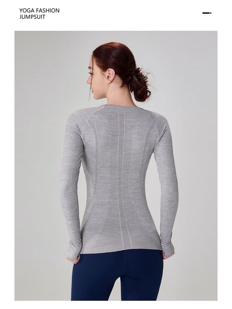 Women's Seamless Waist-Cinched Round Neck Long Sleeve Yoga Top: Breathable, High Elasticity, Shaping, Fitness Base Layer.