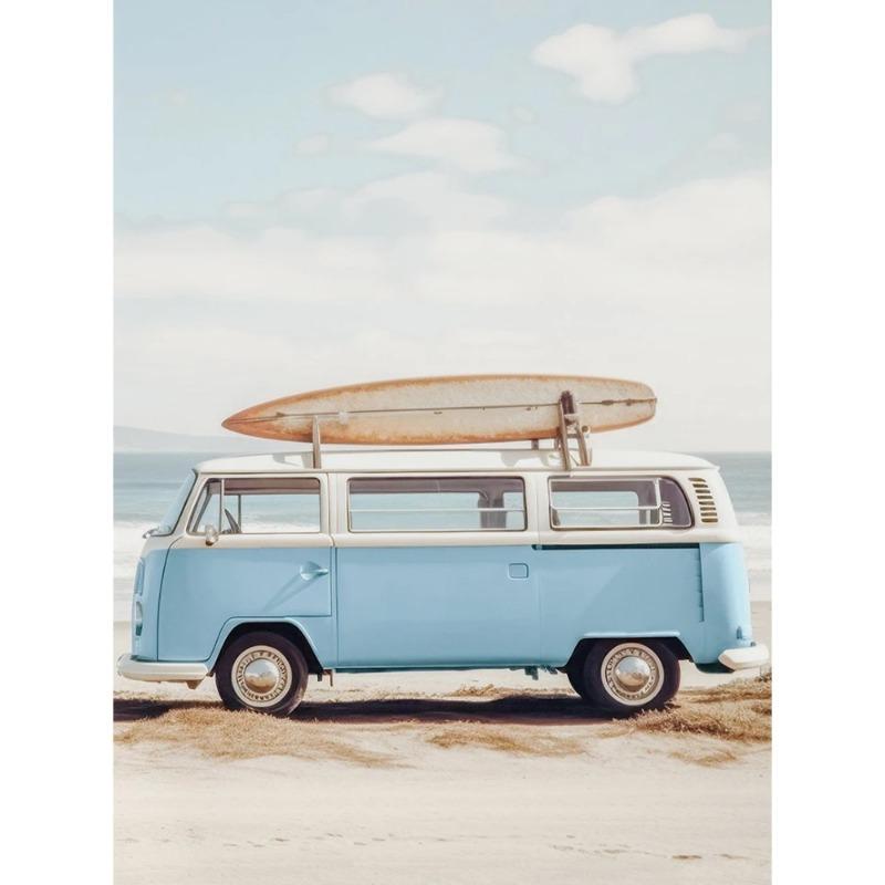 Nature Beach Sea Waves Coastal Pampass Grass Reed Sky Bus Photography Nordic Poster Canvas Printing Wall Home Decor