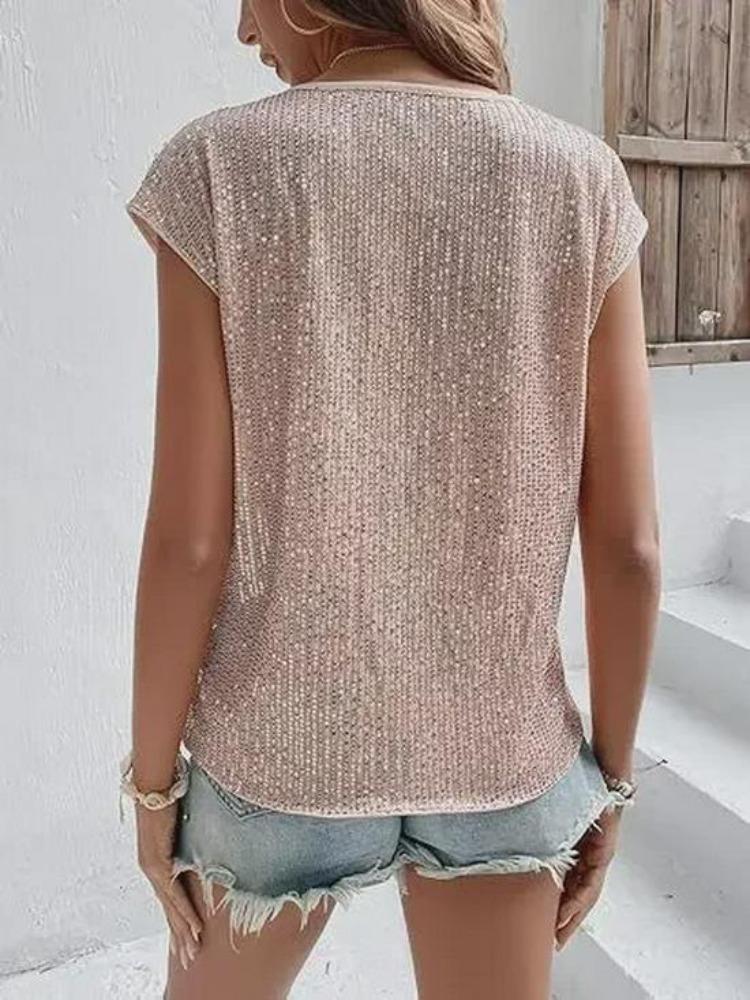 Třpytivé flitrované tričko s krátkým rukávem pro ženy s kulatým výstřihem módní top 2024