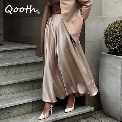 Frauen Temperament Satin A-linie Dünne Rock Elegante Elastische Taille Langen Rock Für Frühling Sommer QT2223