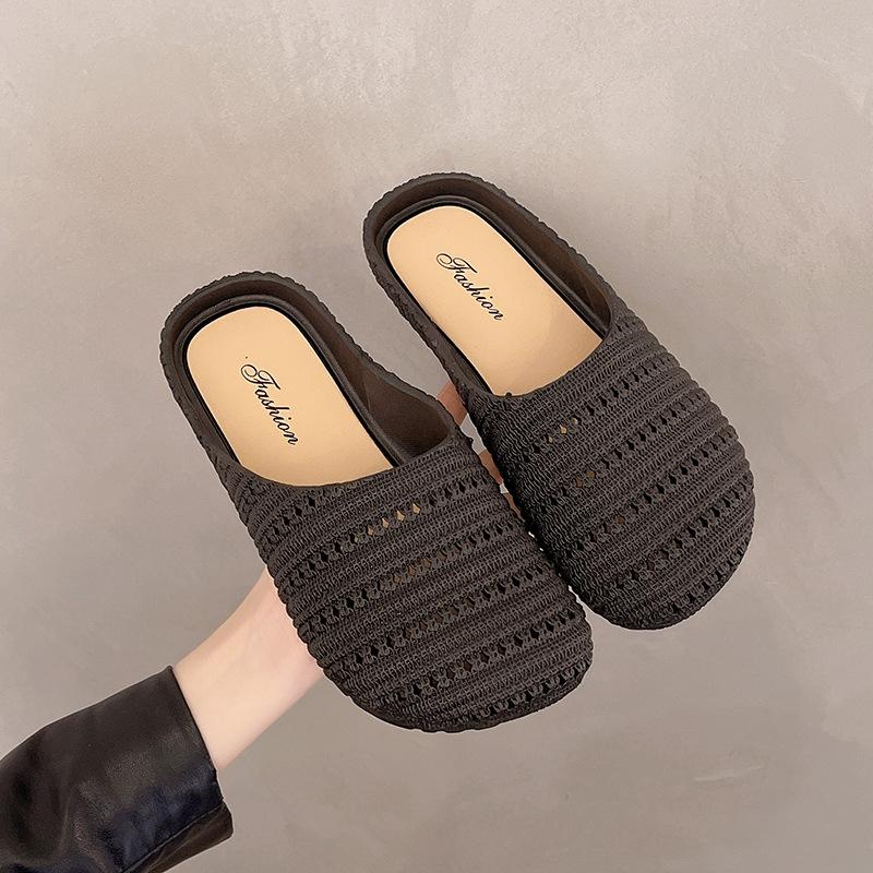 Niche hand-woven hollow breathable bag head half slippers women's summer outer wear wind thick-soled shoes