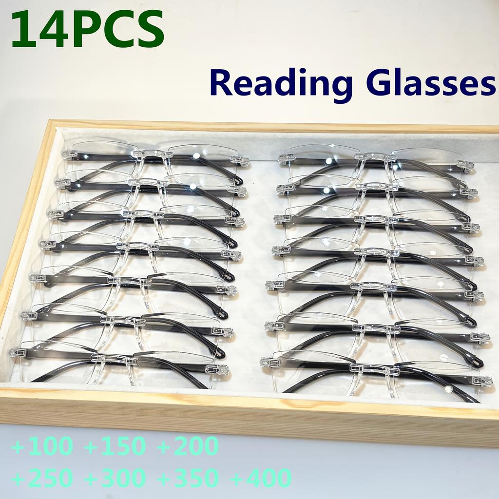 14-Pack Vintage Style Rimless Reading Glasses - Rectangular Frame Blue Light Blocking Anti-Fatigue Unisex Lightweight PC