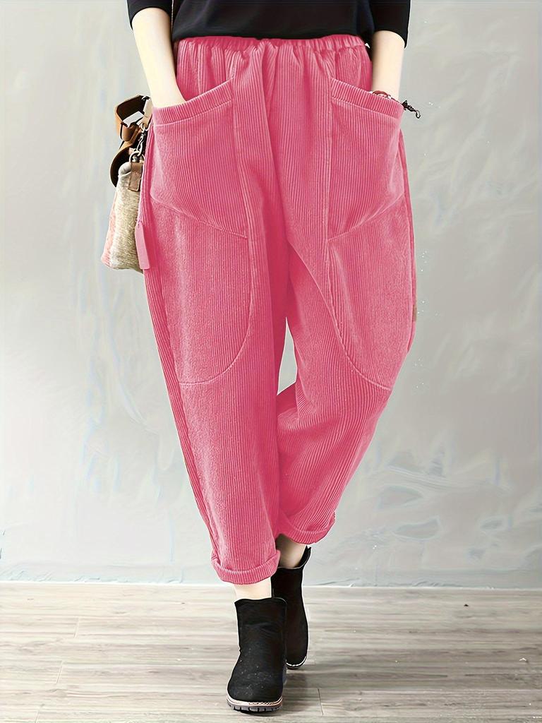 European & American Women's Corduroy Pants - Elastic Waist, Pocketed, Loose Fit, Tapered Leg, 2026 Autumn/Winter Collection