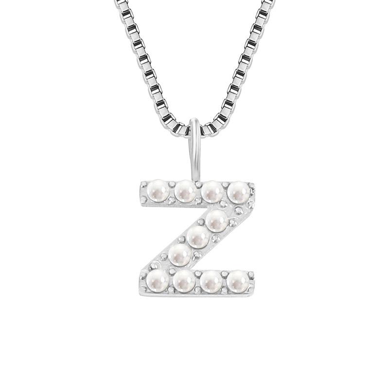 St. Delan European English 26-Letter Titanium Necklace with French Court Style Box Chain and Pearl Pendant