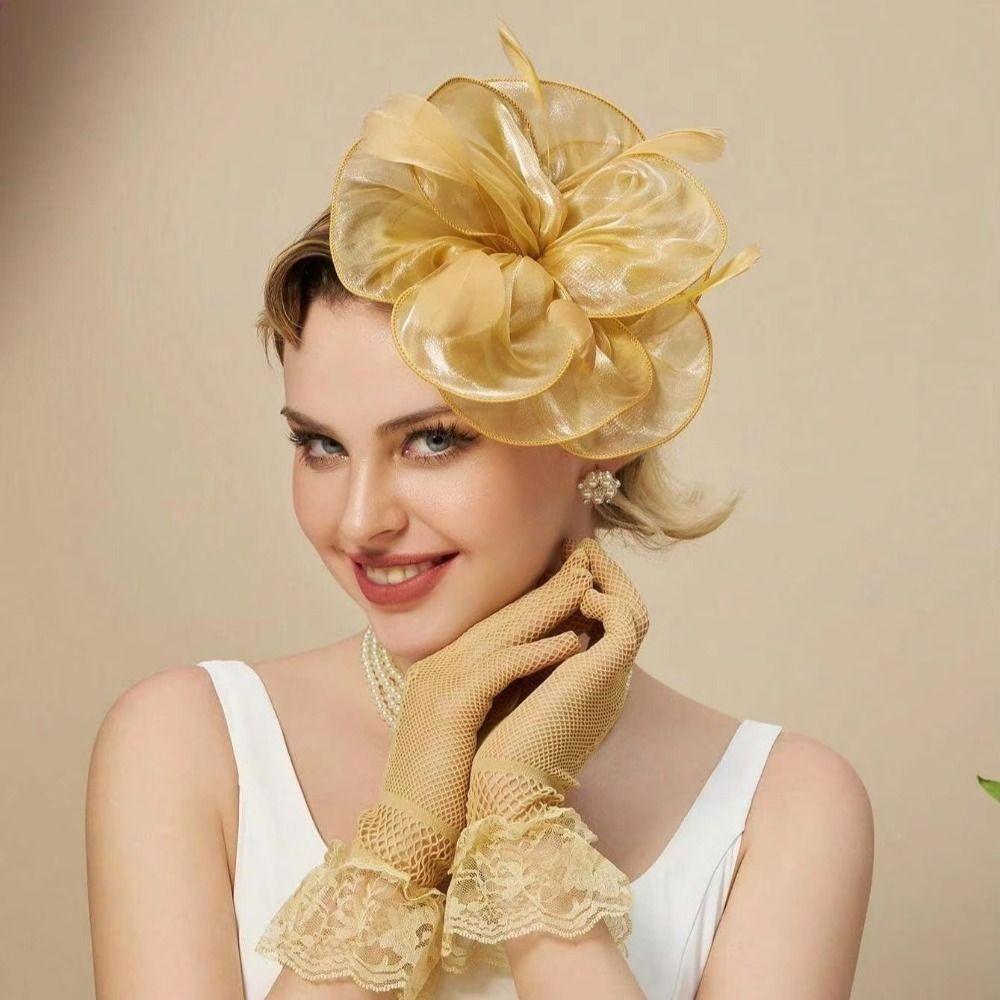 Solid Color Feather Flower Mesh Headband Cocktail Flower Feather Hair Clip  Wedding Decoration