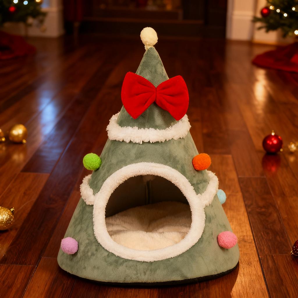 Christmas Tree Cat Housecat Mat Beds Winter Warm Cat Bed Pet Mattress Warm Cat Dog Sleeping Nest Cave for Small Dogs Cat
