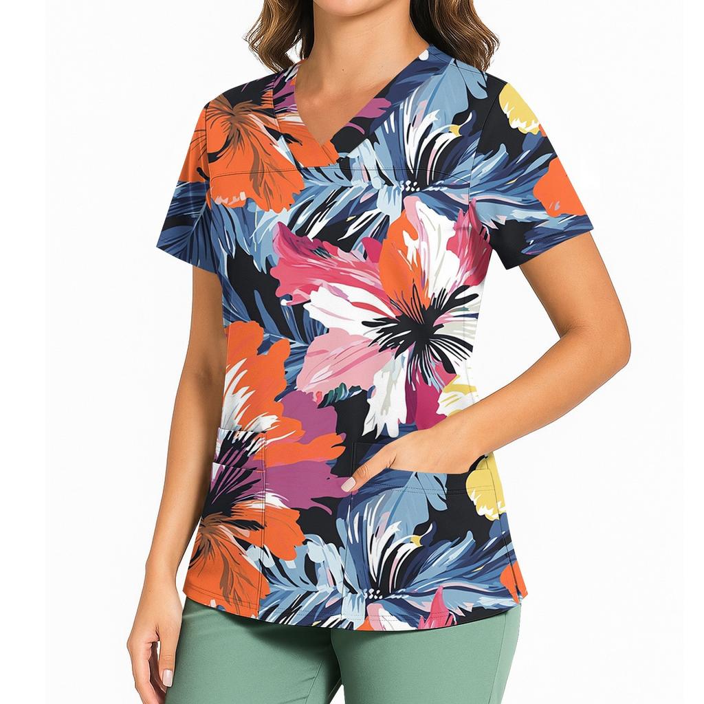 Women's Casual Printed V-Neck Pocket Side Slit Short Sleeved Top Short Sleeved Top