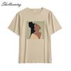 Shellsuning Summer Vintage Printed Cotton T Shirt Women Loose Short Sleeve Trend Tees Female Casual Streetwear All-match Basic Tops