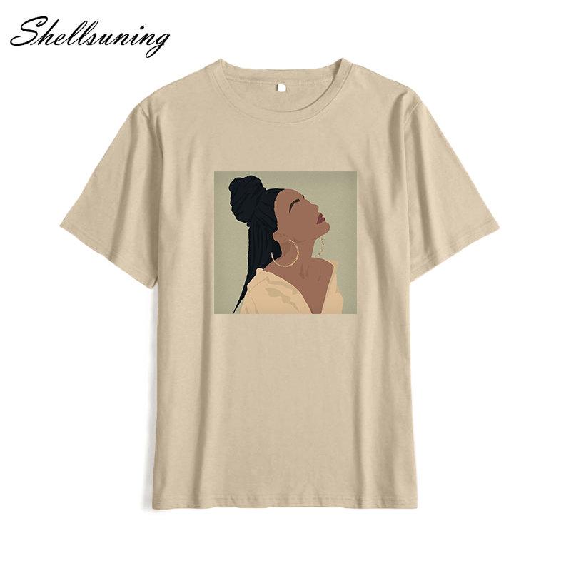 Shellsuning Summer Vintage Printed Cotton T Shirt Women Loose Short Sleeve Trend Tees Female Casual Streetwear All-match Basic Tops