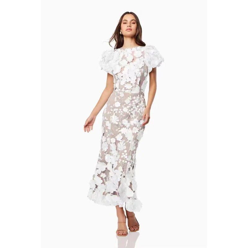 

Sheath Fishtail Skirt 2025 Spring New Light Luxury round Neck Embroidered Three-Dimensional Flower Puff sleeve Mid-Length Dress White XXXL