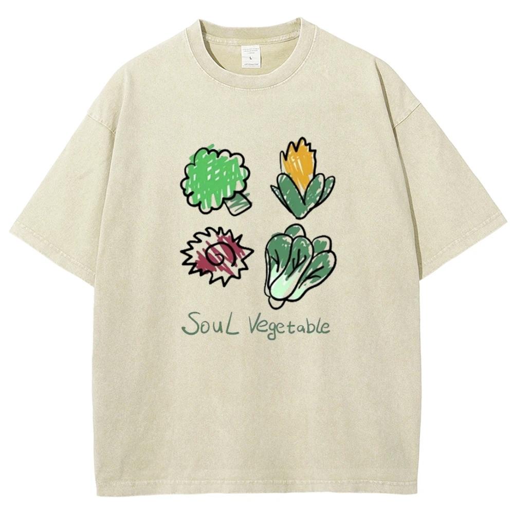 Soul Vegetable Cartoon Hand Drawing Vintage Unisex Washed T-shirt, Vegetable Lover Shirt S разноцветный