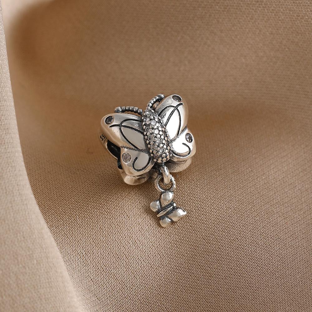 Spring Series Butterfly Pendant Clip Beads Earrings 925Silver Colored Inlaid Stone Fit Exquisite Bracelet Women DIY Jewelry Charm