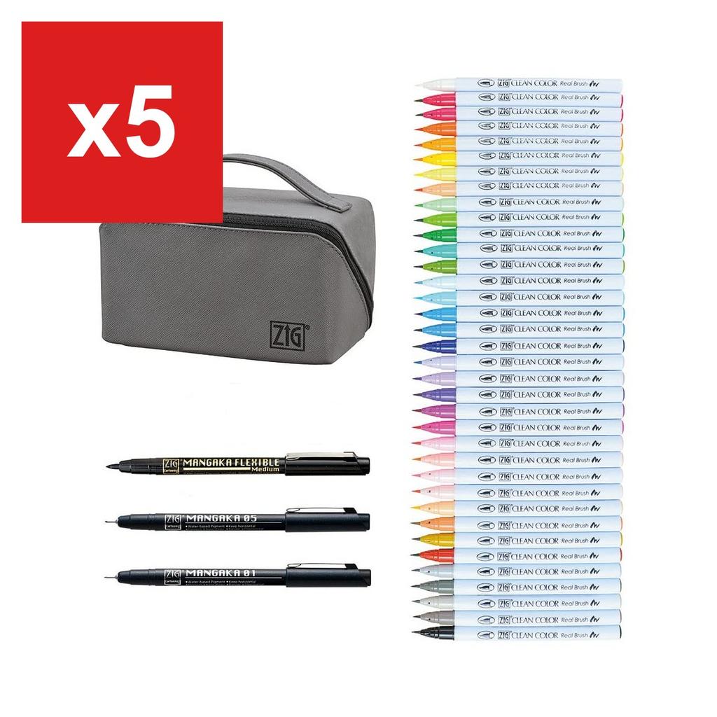 Kuretake Brush Pen 'Clean Color Real Brush + Mangaka' Set with Pouch, Large, RBCN160/39V