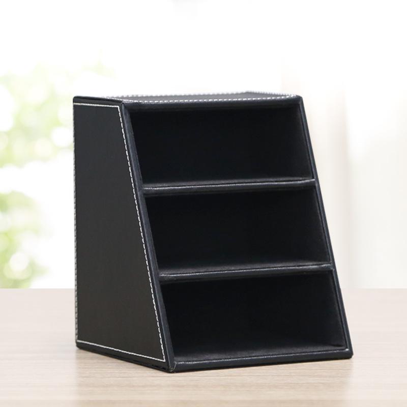 Business Leather Multi-Functional Desktop Organizer - Small Three-Grid Stationery Box for Hotel or Office Use