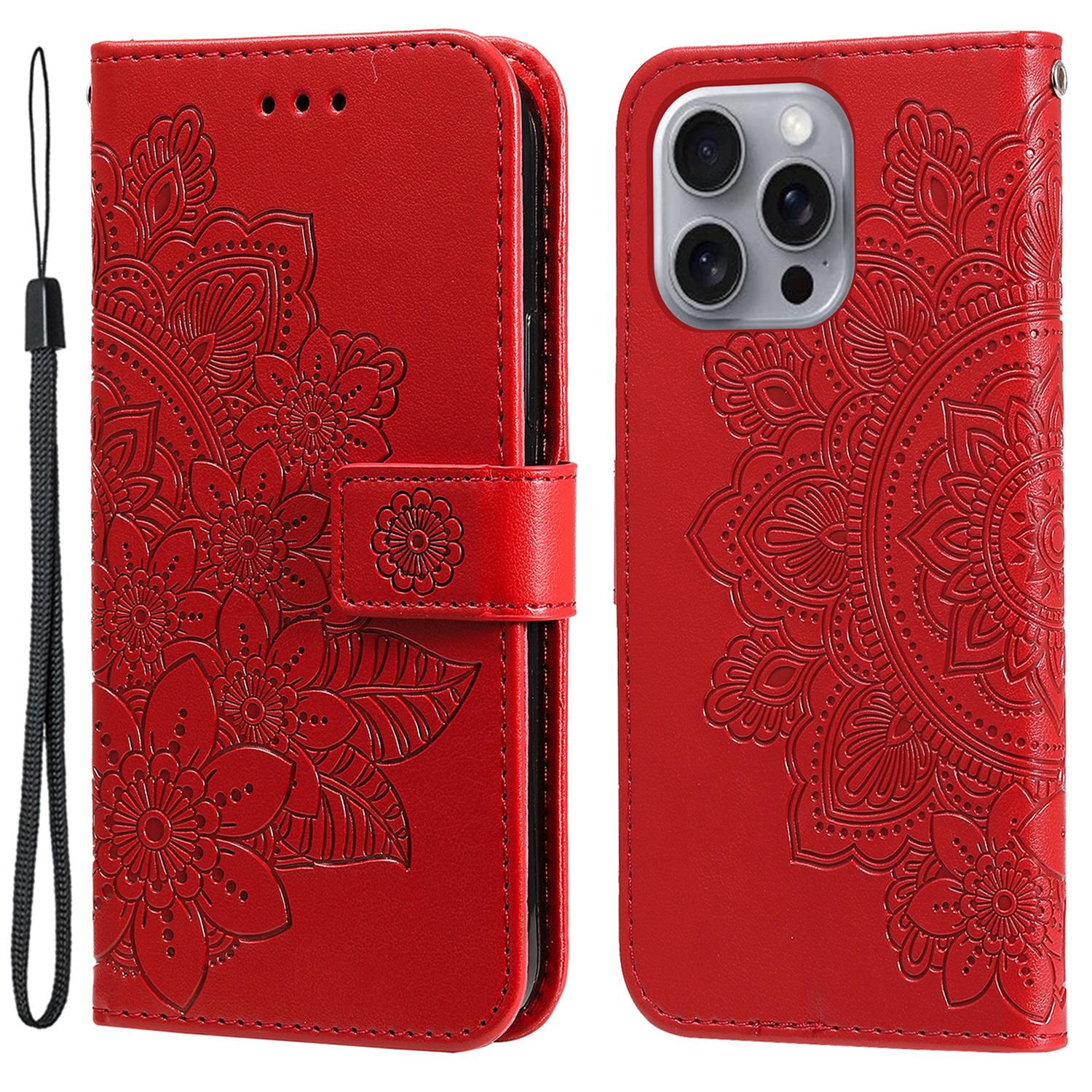 

For iPhone 16 Pro Max Case Floral Pattern PU Leather Wallet Stand Phone Cover Red