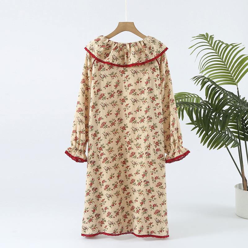 1011 new crepe cotton yarn long-sleeved retro shoulder-plugged nightdress loose large size long-sleeved trousers homewear