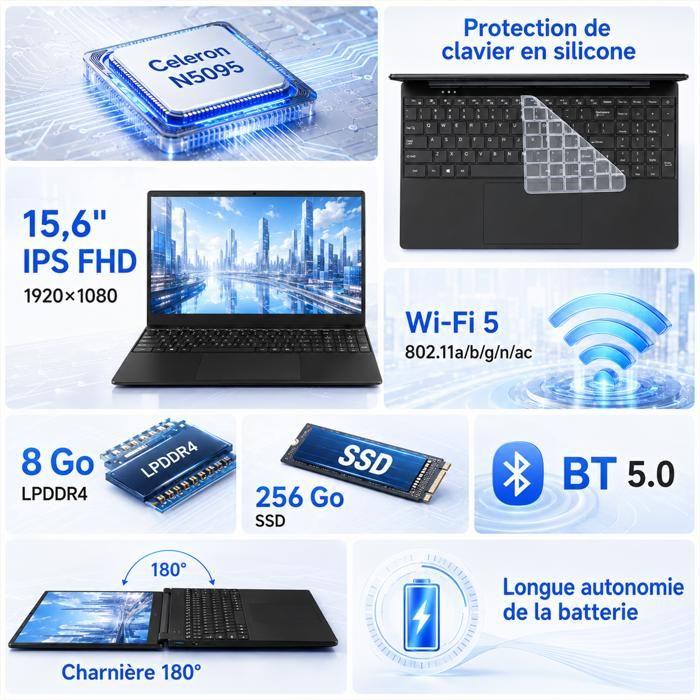 PC Portable 15.6" Processeur Celeron N5095 4C/4T, 8 Go Mémoire DDR4, Stockage SSD 256 Go, Win 11 Pro, Wi-Fi 5, Port HDMI