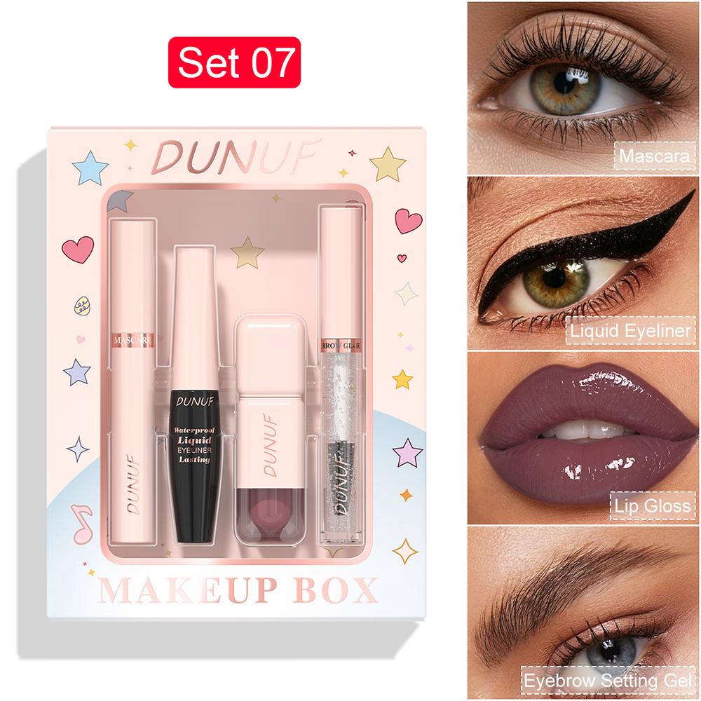 DUNUF 4-in-1 Professional Makeup Box - Mascara, Waterproof Eyeliner, Lip Gloss & Brow Gel, 12 Colors Available