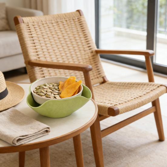 Double Dish Snack Bowl Straw Snack Serving Dish with Shell Storage for Pistachios Edamame Fruits Candy Cherries Nuts