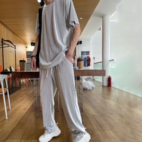 1 Set Top Pants Solid Color Loose Summer Crew Neck Draping Outfit for