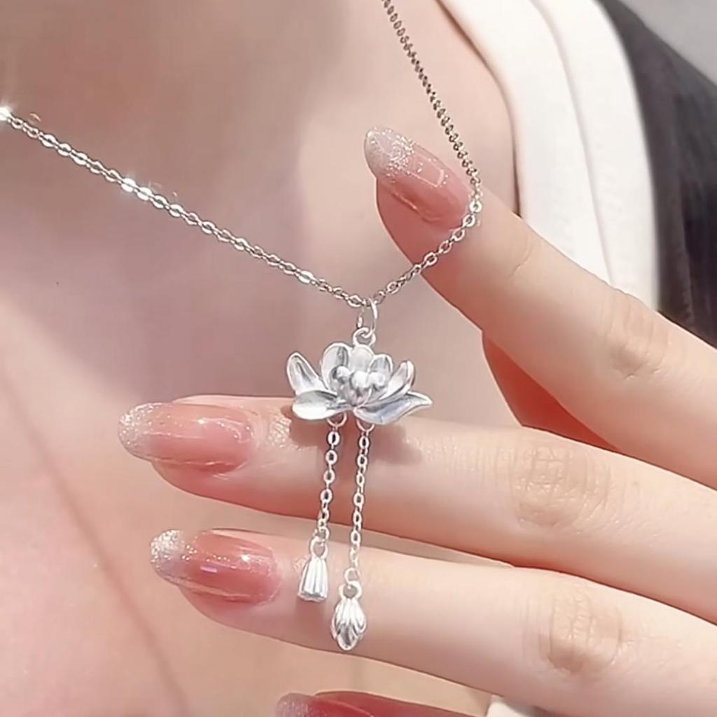 S925 Sterling Silver Two Lives Lotus Necklace - Women's National Style Fashion Clavicle Chain
