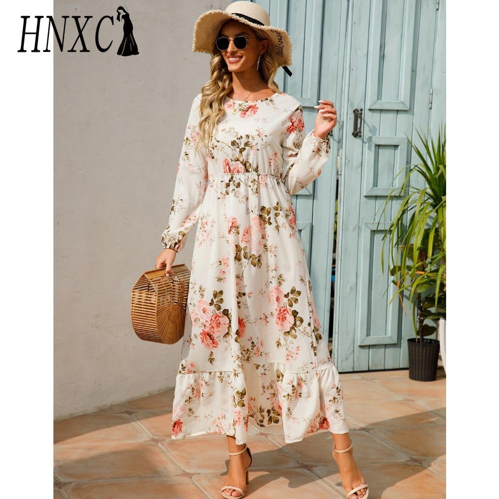 HNXC Spring Summer Bohemian Women Maxi Dress Casual Long Sleeve High Waist Beach Dress Women Floral Chiffon Dresses Vestidoes Mujer New