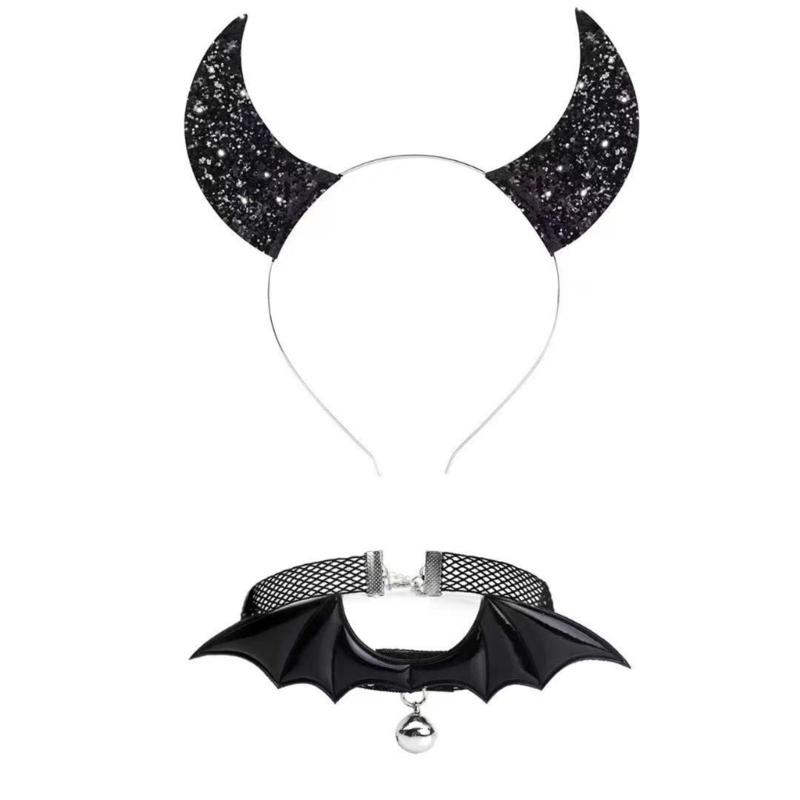 Gothic Dark Glitter Girls Choker Collar Rose Devil Wing Headband Set Gothic Bat Wing Versatile Choker