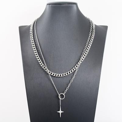 Double Layer Titanium Steel Pendant Necklace With Geometric Four-Point Star Charm Cuban Chain Adjustable 51-80cm Stylish