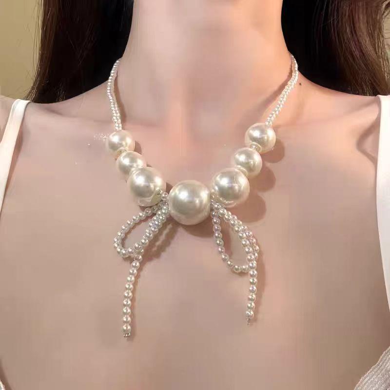 "Xibo Moonflow" French Pearl Beaded Bow Necklace Women's Light Luxury Temperament Superior Sense Sweet Clavicle Chain