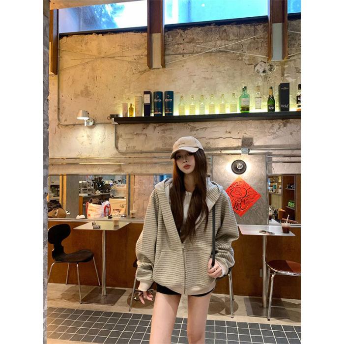 [Fleece Composite] Korean Striped Hooded Sweater Cardigan Jacket Autumn New Loose Versatile Women S