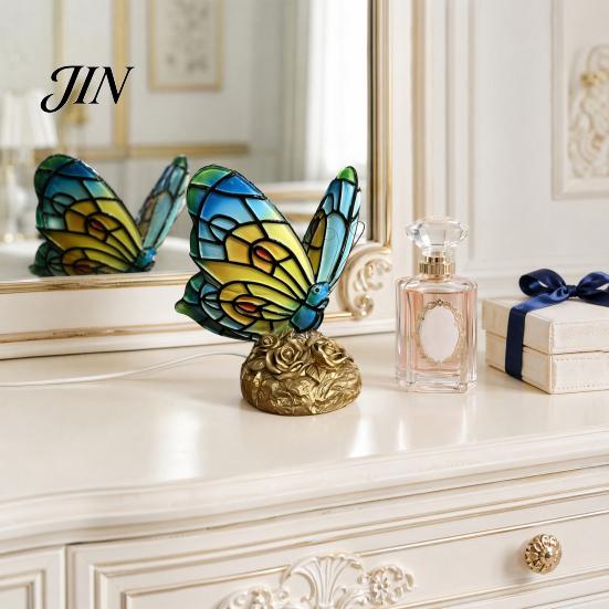 Study Desk Atmosphere Light Cute Bedside Table Lamp, Butterfly Rose Nightstand Lamps, Stained Glass Eye Protection Lamp Wing Shade, Bedroom Decor Home