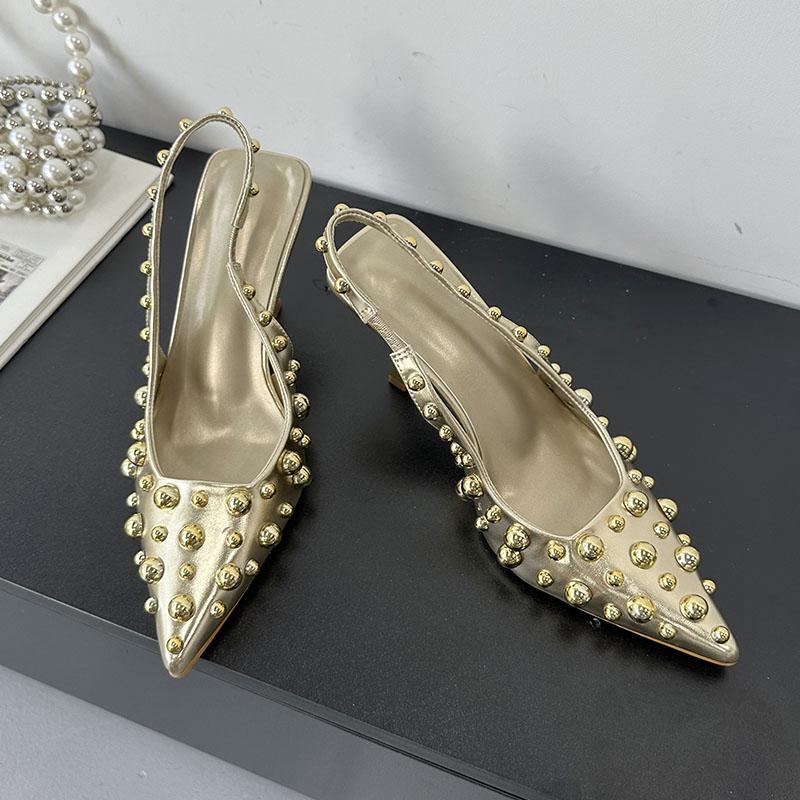 

Мода Женские Металлические Клепки Женские Туфли-Лодочки на Тонком Каблуке Обувь Слингбэки Модная Обувь с Острым Носком Женские Туфли на Высоком Каблуке Сандалии Большого Размера 35 золотой
